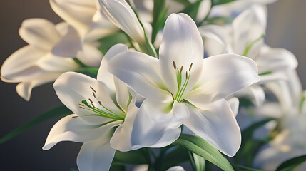 Fototapeta premium White Lily Flowers, Closeup, Soft Light, Pure, Elegant