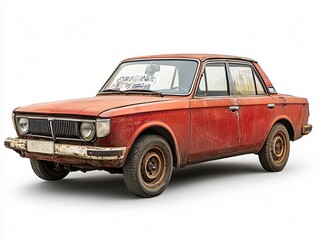 A vintage red car parked against a white background with a worn exterior and unique character