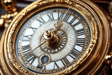 Obraz premium Intricate Gold Clock Face with Roman Numerals and Ornate Details.