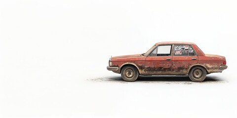 Fototapeta premium Old red car parked on a white background with copy space during daylight hours