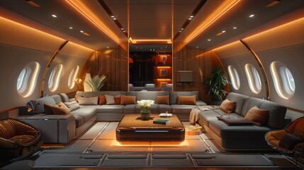 Luxurious Private Jet Lounge with Modern Seating and Warm Lighting