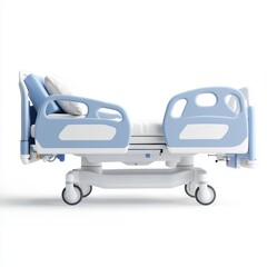 A modern hospital bed designed for patient comfort and care, featuring adjustable sections and a clean aesthetic, Ideal for healthcare marketing, medical equipment catalogs