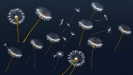 flying dandelion seeds on a blue background Generative AI