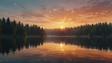 Obraz premium Sunrise at the lake, nature landscape with forest and water Generative AI