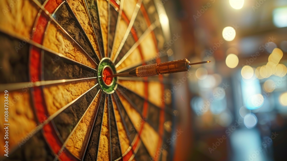 Poster a dart board with a dart in the center, with a blurred background of lights.