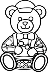 Outline drawing of a teddy bear with a bow is sitting playing a drum