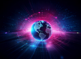 Fototapeta premium A glowing Earth at the center of a vibrant, technological display. Surrounding it are streaks of light and energy, suggesting connectivity and global communication.