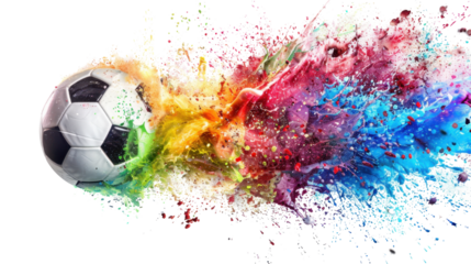 Soccer ball in colorful splash on white transparent background

