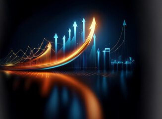 Dynamic upward trending arrows and glowing graphs illustrate growth, success, and positive financial progress.  A reflective surface enhances the futuristic, technological feel.