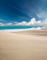 Fototapeta premium Serene beach scene with white sand dunes meeting turquoise water under a vibrant blue sky dotted with fluffy white clouds. A perfect summer escape.