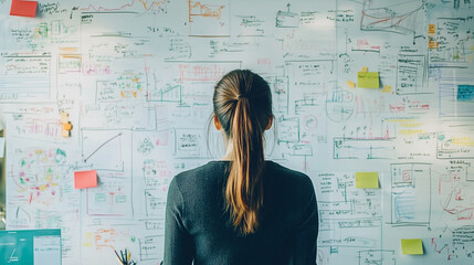 A woman is looking at a whiteboard with a lot of writing on it