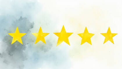 Five yellow stars on a soft watercolor background with copy space