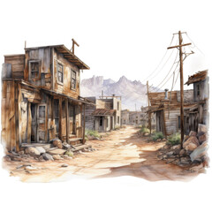 Fototapeta premium Desolate Western Ghost Town Street, Dilapidated Buildings, Arid Landscape