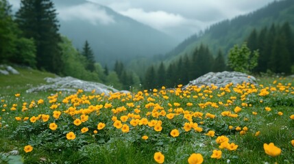 A field of yellow wildflowers in a lush, green valley with a misty mountain backdrop.