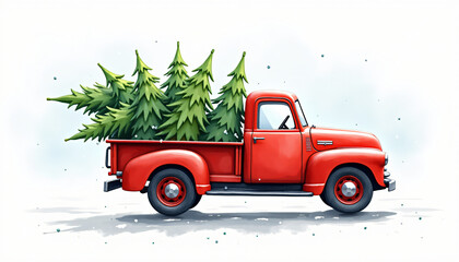 Vintage red truck carrying Christmas trees in the back on a snowy background