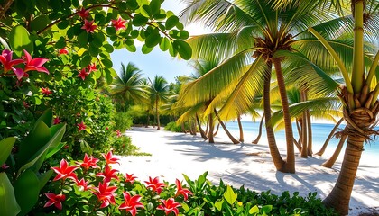 Fototapeta premium Vibrant tropical foliage overflows with lush greenery across a pristine white sandy beach, with exotic flowers and palm trees swaying gently in the warm breeze