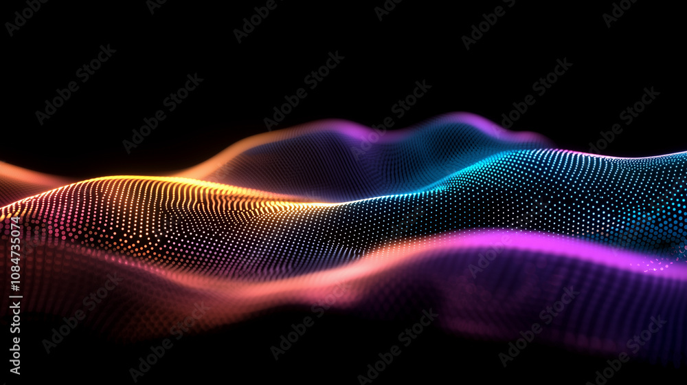 Poster flowing data wave with glowing number sequences on dark background