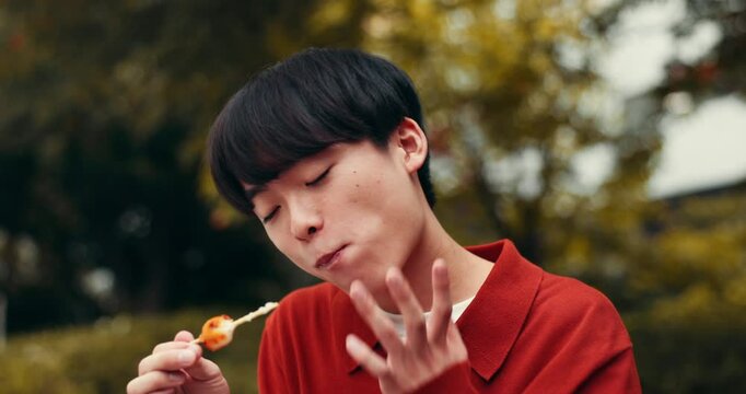 Japanese man, snack and eating street food for travel, holiday and wipe lips on vacation. Asian person, dessert and sweets with grilled dango, hungry and enjoy traditional skewered dumplings at park