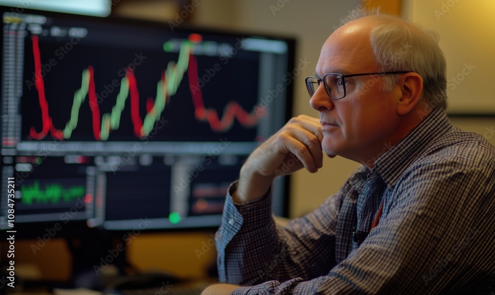 Poster trader analyzing stock market trends, focused expression, financial charts displayed on multiple scr
