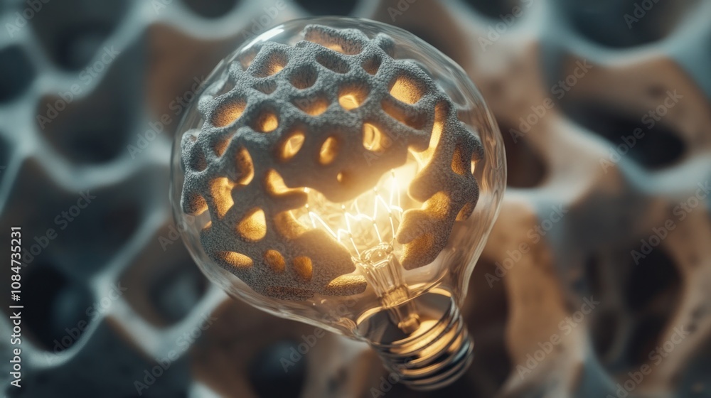 Poster a glowing light bulb with a textured surface, showcasing a unique design and illumination.