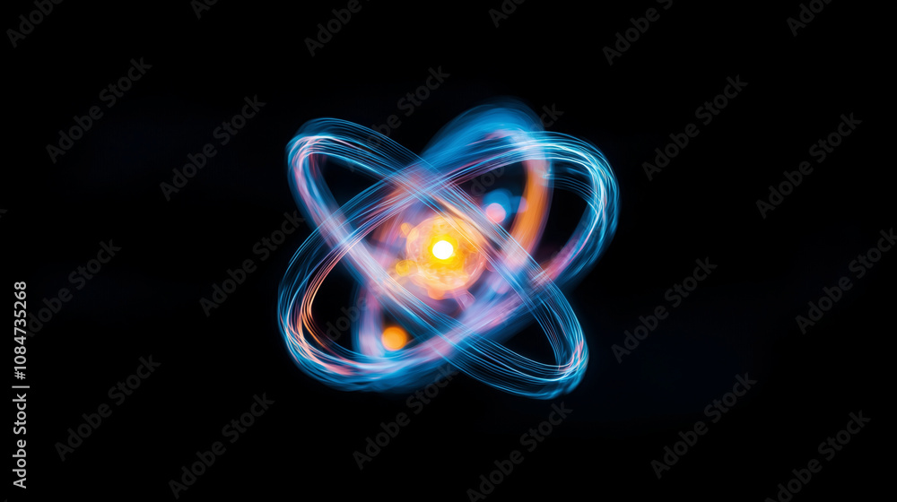 Aufkleber digital model of complex atom with electrons and nucleus glow