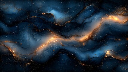 Abstract blue and gold wave pattern resembling cosmic or fluid dynamics.