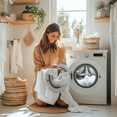 Young Woman Smiling While Doing Laundry at Home in a Cozy Laundry Room