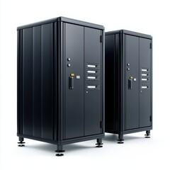 Two sleek, modern black cabinets designed for housing electronic equipment, showcasing a professional aesthetic suitable for office or industrial environments, ideal for technology-related projects,