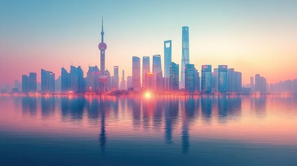Obraz premium A stunning sunrise over the Shanghai skyline, with the city's iconic skyscrapers reflected in the calm waters of the Huangpu River.