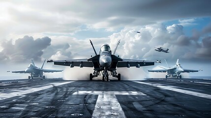 Military aircraft carrier ship with fighter jets on the background of sunset