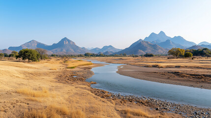 Drought Affected Riverbed with Distant Mountains and Cracked Surface