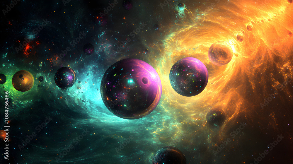 Poster glowing spheres of vibrant colors orbiting around a central point in space