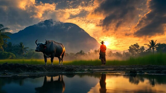 Sunset Serenity: Farmer, Water Buffalo, and Majestic Mountain