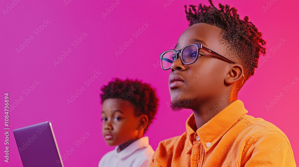 Poster assist encouragement concept. two boys focused on programming with laptops in colorful setting