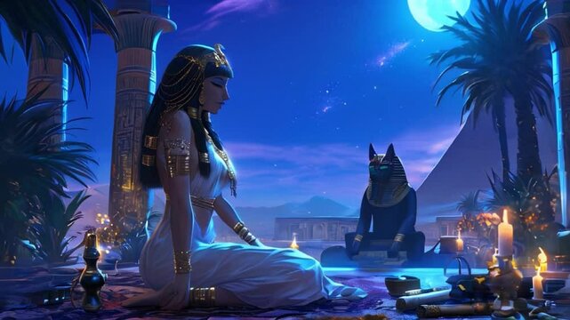 Magical night in ancient Egypt. An Egyptian scene under the night sky and moon, with Cleopatra seated at the center. 4K video animation loop.