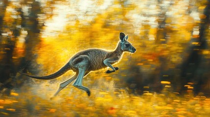 Red kangaroo leaping through autumnal forest.