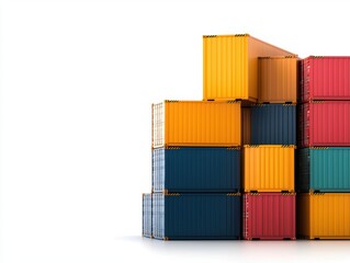 Fototapeta premium Colorful stacked shipping containers against a white background suitable for logistics, transportation, and import-export themes, Can be used in articles, ads, or presentations about global trade,