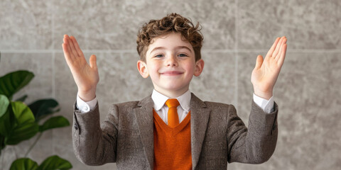 Assist encouragement concept. confident boy presenting with open hands in modern setting