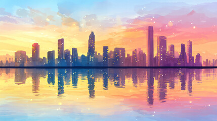 Obraz premium dreamy watercolor metropolitan skyline reflecting in harbor waters, dawn colors