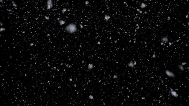 White snow overlay layer isolated on black background snowflakes bokeh, and snowfall for Christmas and holiday design. 4k Seamless loop	
