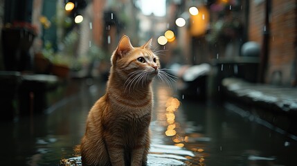 Obraz premium A ginger cat sits in a canal, looking up at the falling rain in an Italian city.
