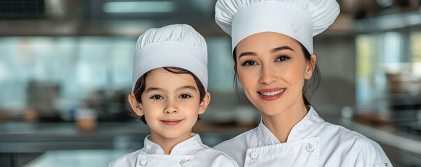 Assist encouragement concept. chef and young cook smiling in professional kitchen setting