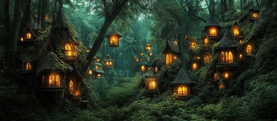 Fototapeta premium Enchanted forest with whimsical houses glowing in a mystical atmosphere.