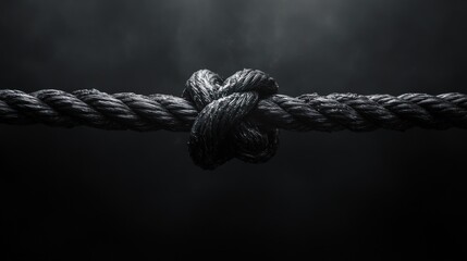 Close-up of a complex knot tied in a thick, dark rope against a moody background.