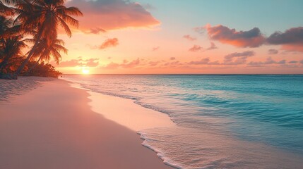 Serene beach at sunset with gentle waves and palm trees.