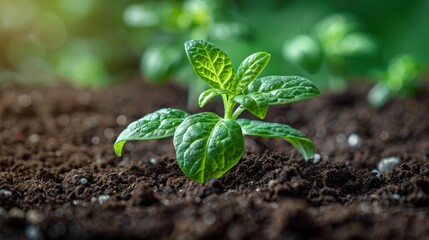 A close-up of a sprout with delicate leaves just starting to grow, emerging from the soil, for natural themes.