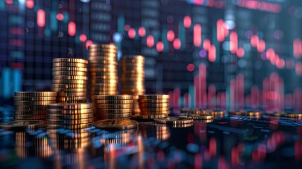 Golden Coin Stacks Reflecting Financial Market Data and Growth