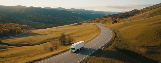 Cargo truck driving on a rural highway surrounded by lush green hills and autumn foliage at sunset. Aerial view of scenic transportation route