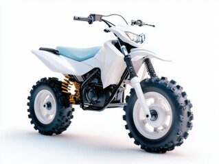 Fototapeta premium A sleek, modern ATV features a white body and rugged tires, ideal for outdoor adventure and motorsports themes, Perfect for showcasing recreational vehicles in marketing or promotional materials,