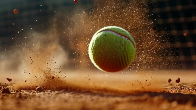 Exciting tennis match in action with the ball bouncing on clay court during early afternoon